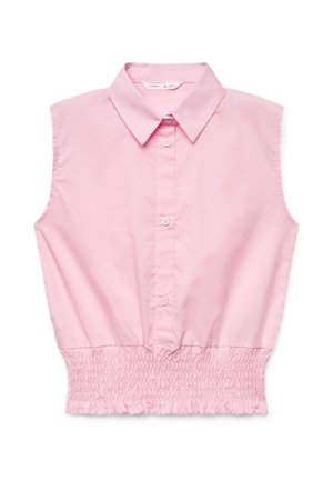 Camicia rosa chiaro senza maniche con bottoni, collo e orlo elastico arricciato in vita.