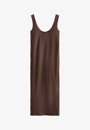 Abito marrone senza maniche con scollatura a girocollo, realizzato in tessuto morbido, caratterizzato da una silhouette dritta e privo di motivi o accenti visibili.
