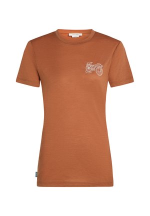 Korte mouw, ronde hals t-shirt in roestoranje, gemaakt van zachte stof, met een witte fietsafbeelding op de linkerborst.