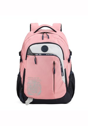 Zainetto rosa e blu con più scomparti, materiale in tessuto, grafiche grigie, spallacci imbottiti e maniglia superiore per un facile trasporto.