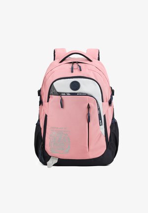 Zainetto rosa e blu con più scomparti, materiale in tessuto, grafiche grigie, spallacci imbottiti e maniglia superiore per un facile trasporto.
