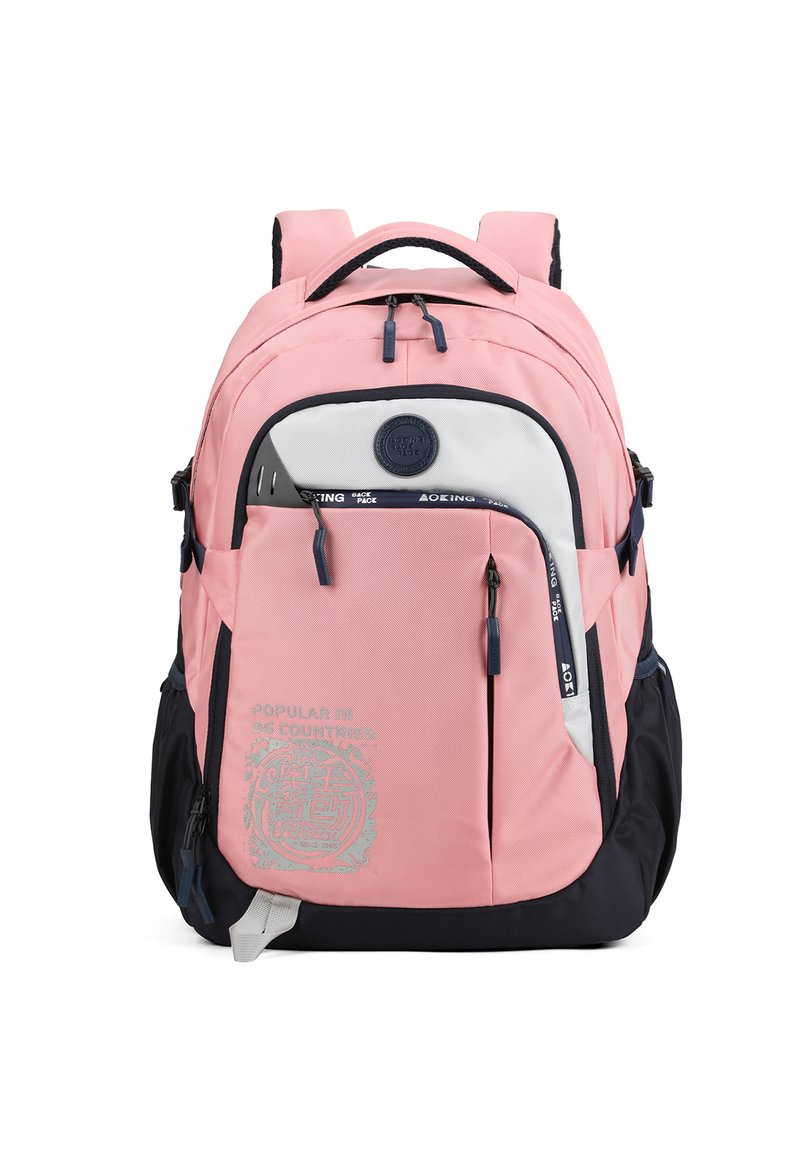 Roze en marineblauwe rugzak met meerdere vakken, van stoffen materiaal, met grijze graphics, gevoerde schouderbanden en een handvat aan de bovenkant voor gemakkelijk dragen.