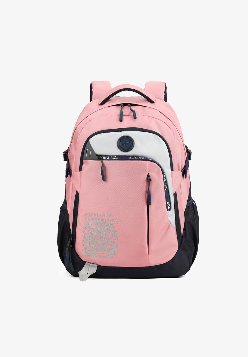 Roze en marineblauwe rugzak met meerdere vakken, van stoffen materiaal, met grijze graphics, gevoerde schouderbanden en een handvat aan de bovenkant voor gemakkelijk dragen.