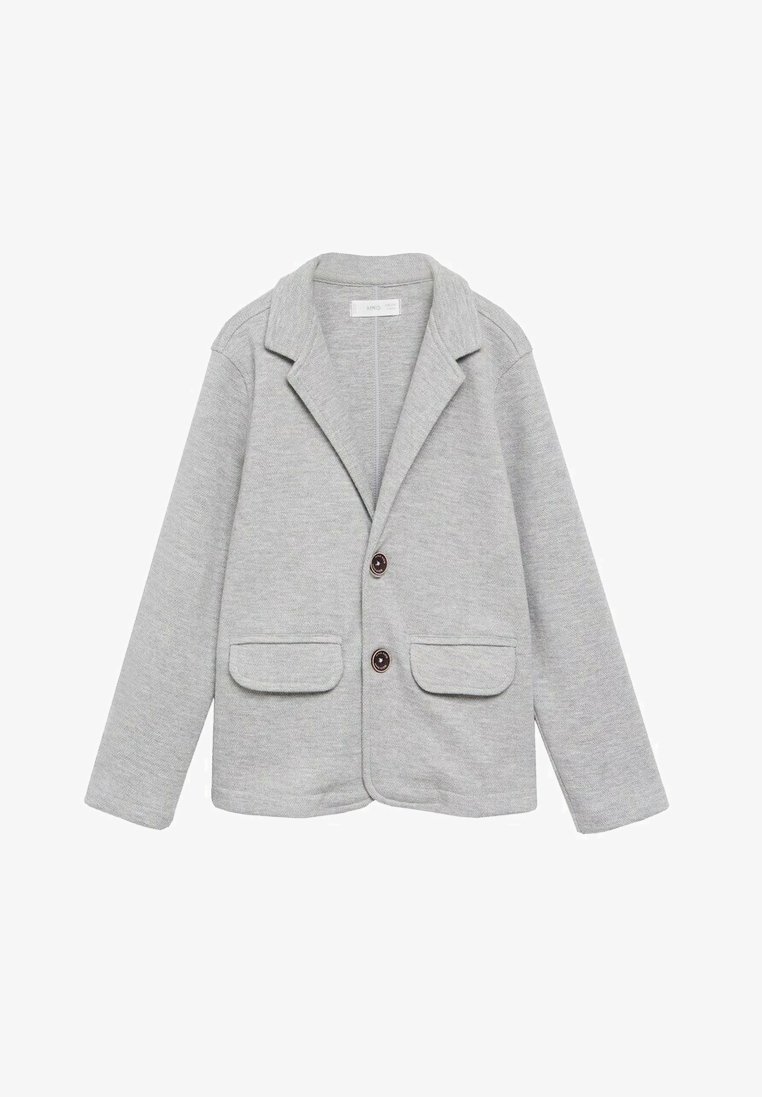 Light gray knit blazer with notch collar, two front flap pockets, and two dark buttons down the center.