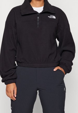 Persoon die een zwarte fleece trui met halve rits draagt met het logo van The North Face en donkere broek, hand in de zak.
