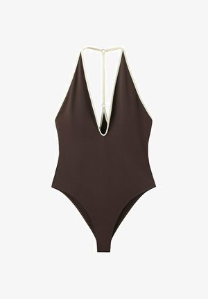 Costume intero marrone con scollo a V profondo e rifinitura sottile beige con cinturino sul retro, mostrato su sfondo bianco.