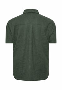 Dark green short-sleeve collared shirt with textured fabric and a center back pleat, shown from the rear.