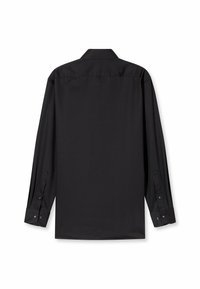 Zwarte blouse met lange mouwen, gladde stof, button-down kraag en manchetten met knoopaccenten. Achteraanzicht, zonder patronen of ontwerpen.
