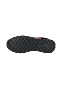Suola di scarpa in gomma nera con un motivo a zigzag, caratterizzata da un piccolo logo e un tacco piatto. Superficie testurizzata per una migliore aderenza.