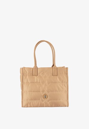 Beige, gesteppten Tragetasche mit zwei Griffen und einem runden Emblem in der Mitte vorne mit dem Buchstaben "B".