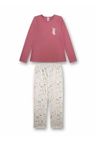 Long-sleeve dusty pink top with floral graphic and "Blossom in Style" text paired with white floral print elastic waist pants.