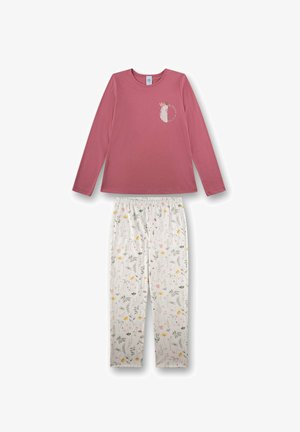 Maglietta a maniche lunghe color rosa polveroso con grafica floreale e testo "Fiorisci con Stile", abbinata a pantaloni elasticizzati bianchi con stampa floreale.