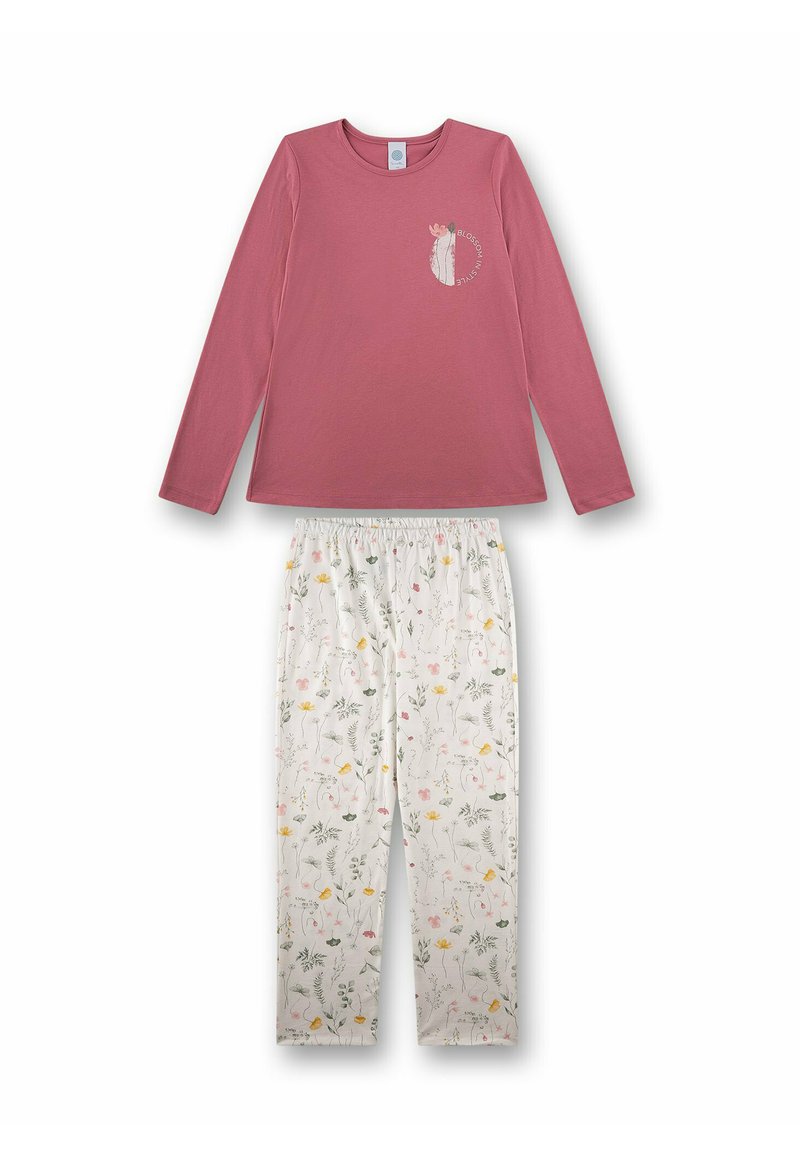 Long-sleeve dusty pink top with floral graphic and "Blossom in Style" text paired with white floral print elastic waist pants.