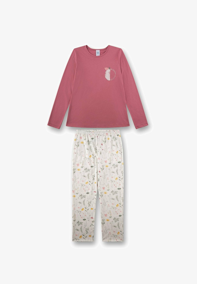 Long-sleeve dusty pink top with floral graphic and "Blossom in Style" text paired with white floral print elastic waist pants.