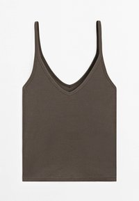 Bruine geribbelde tanktop met dunne bandjes en een V-halslijn, met een gladde textuur en rechte zoom. Eenvoudig en aansluitend ontwerp.