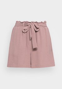 Shorts roses effilochés avec une ceinture ajustée et un détail de nouage à l'avant. Confectionnés en tissu texturé, avec des jambes larges et amples.