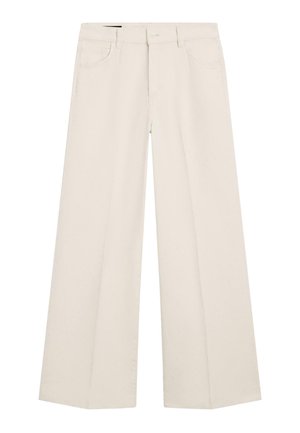 Wijde broek in lichtbeige stof, voorzien van een ontwerp met vijf zakken, knoop- en ritssluiting, met een rechte pasvorm.