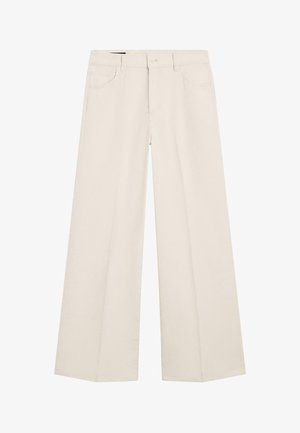 Wijde broek in lichtbeige stof, voorzien van een ontwerp met vijf zakken, knoop- en ritssluiting, met een rechte pasvorm.