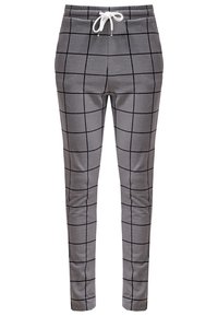 Pantalon gris fuselé avec motif à carreaux noir et cordon blanc à la taille élastique sur fond blanc.