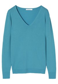 Pulover cu gât în V, de culoare teal solid, confecționat dintr-un material moale. Are mâneci lungi și manșete și tiv cu margini ondulate. Design minimalist, fără modele.