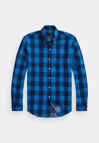 Camisa de botones de manga larga a cuadros azul y negro con un bolsillo. Presenta un patrón de cuadros dentro del cuello y el dobladillo. Material de algodón.