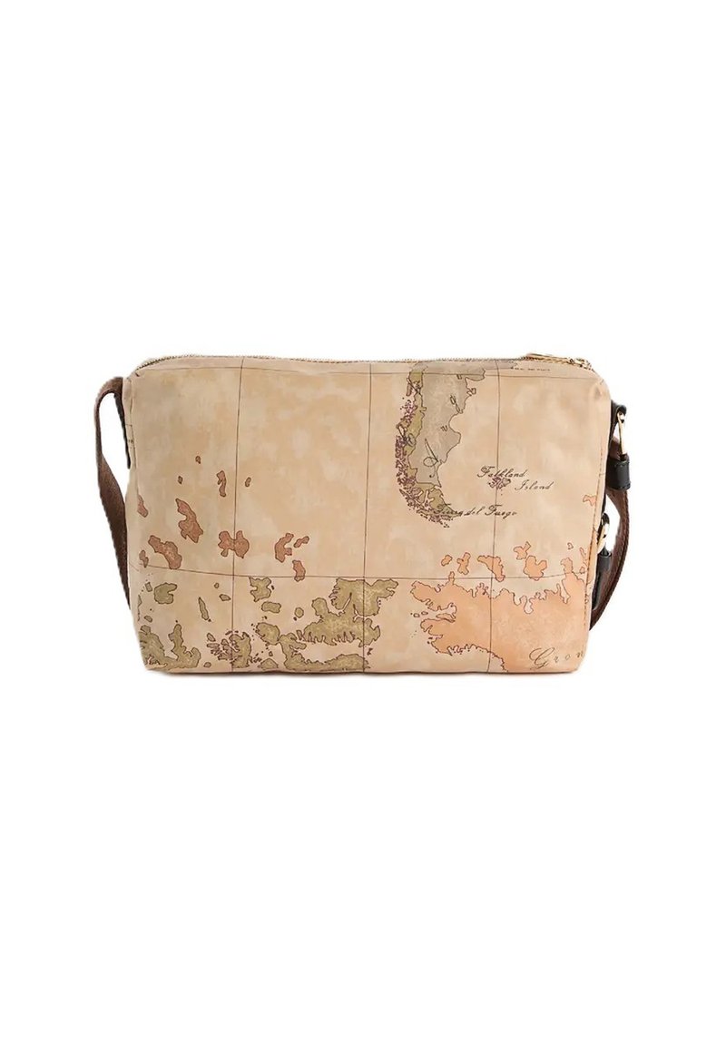 Pochette rettangolare beige con stampa di una mappa in stile vintage, tracolla marrone e chiusura con zip superiore.