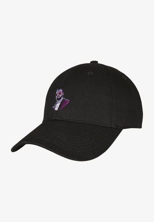 Caciulă de baseball neagră cu un design brodat al unui personaj îmbrăcat într-un costum purpuriu, cu ochelari, vizieră curbată și detalii cusute.