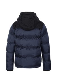 Navy Puffermantel mit schwarzer Kapuze, mit gestepptem Muster, elastischen Bündchen und einer leicht lockeren Passform für Wärme und Komfort.