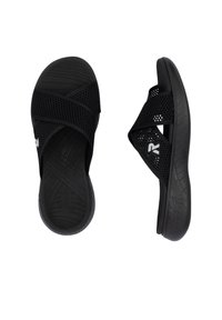 Black slide sandals with mesh cross straps, textured sole, and a curved design. Lightweight material for breathability and comfort.
