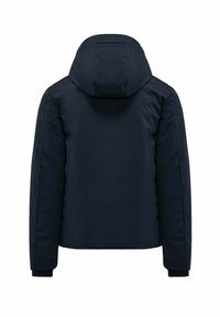 Granatowa kurtka puchowa z kapturem, o gładkiej fakturze i elastycznych mankietach. Widok z tyłu podkreśla czyste linie i minimalistyczny design.