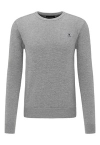 Pull gris en tissu doux, avec un col rond, des manches longues et des poignets côtelés. Petit détail de logo sur la poitrine.