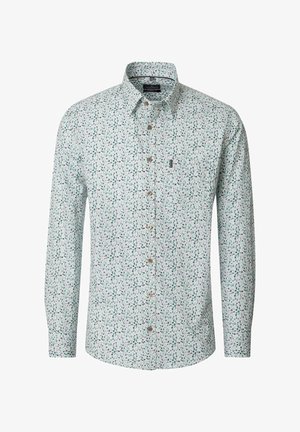 Long-sleeve white button-up shirt with small green and pink floral pattern and a spread collar, front button closure.