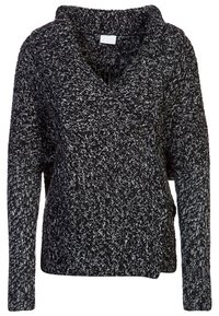 Pull en tricot noir et blanc avec col en V, manches longues, coupe ample et motif texturé. Présente un design décontracté et confortable.