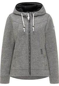 Sweat à capuche zippé gris avec doublure intérieure noire, capuche à cordon, et poches latérales ; présente un tissu texturé et des détails de fermeture éclair contrastants.