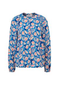 Blusa de botones azul con flores y mangas largas, con flores rosas y blancas sobre un fondo azul, hecha de tela ligera.