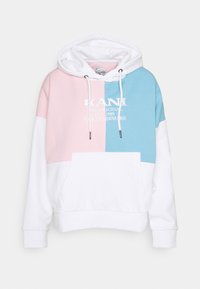Sudadera con capucha de color blanco, con bloques de color rosa y azul claro. Incluye un bolsillo frontal y cordones. Logotipo en el pecho.