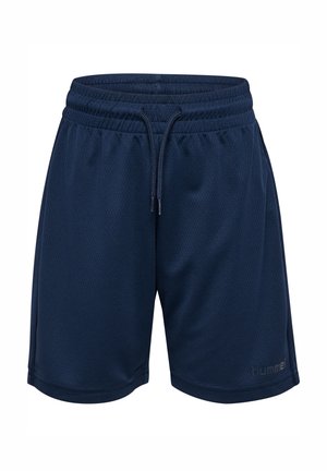 Marineblaue Sportshorts mit elastischem Bund und Kordelzug, strukturiertem Stoff und kleinem „hummel“-Logo am unteren linken Bein.