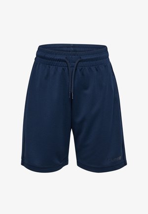 Marineblaue Sportshorts mit elastischem Bund und Kordelzug, strukturiertem Stoff und kleinem „hummel“-Logo am unteren linken Bein.