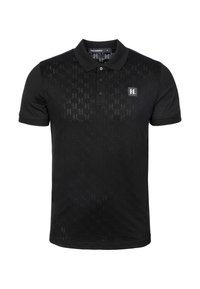 Černé polo tričko vyrobené z hladké tkaniny, s jemným embosovaným vzorem, dvouknoflíkovou légou a logem na levé části hrudi.