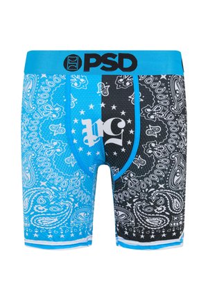 Plave i crne bokserice s uzorkom paisley, s kontrastnim teksturama, bijelim detaljima i crnim elastikom na struku.