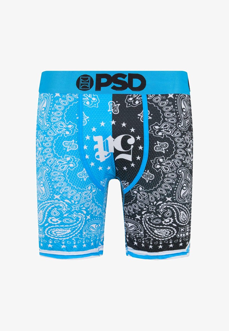 Blue and black boxer briefs with paisley patterns, features contrasting textures, white accents, and a black logo waistband.