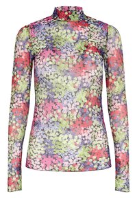 Långärmad topp med hög hals i genomskinligt tyg som har ett flerfärgat blommönster i rosa, röd, grön och blå nyanser.