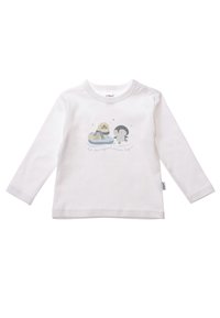 White long-sleeve shirt featuring a cartoon seal and penguin design with text. Made of soft fabric; includes shoulder snap closure for easy wear.