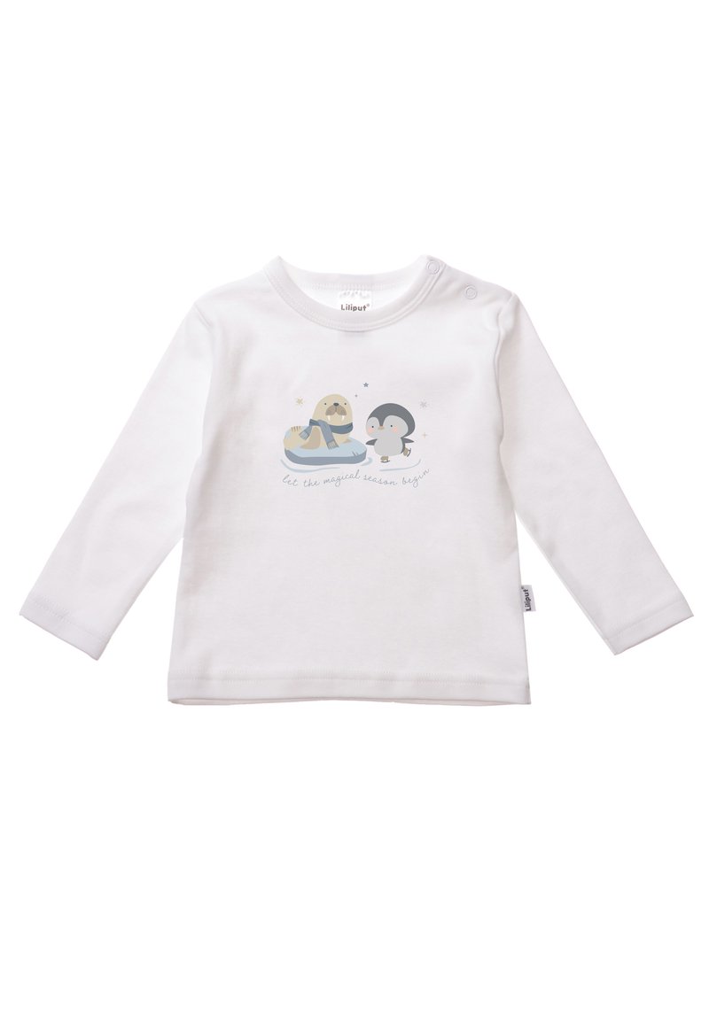 White long-sleeve shirt featuring a cartoon seal and penguin design with text. Made of soft fabric; includes shoulder snap closure for easy wear.