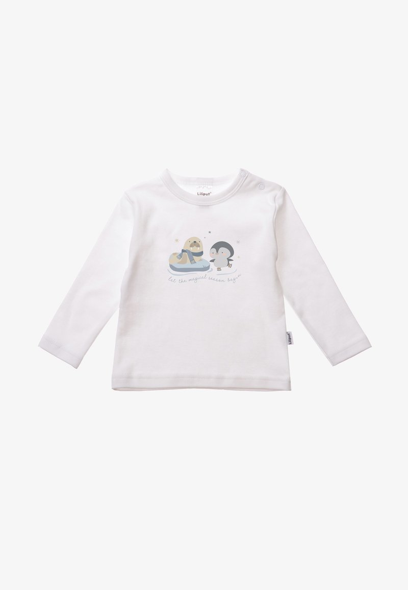 White long-sleeve shirt featuring a cartoon seal and penguin design with text. Made of soft fabric; includes shoulder snap closure for easy wear.