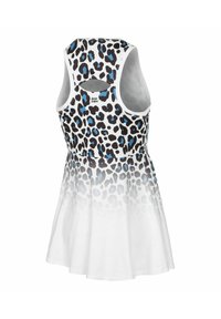 Vestido de tirantes con estampado de leopardo que presenta manchas negras y azules sobre un fondo blanco, con un dobladillo acampanado y un diseño de espalda descubierta.
