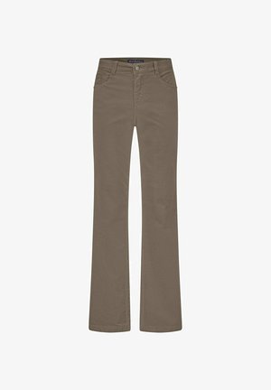 Pantalons évasés marron en tissu doux en mélange de coton, avec une fermeture à bouton et à zip, passants de ceinture et quatre poches.