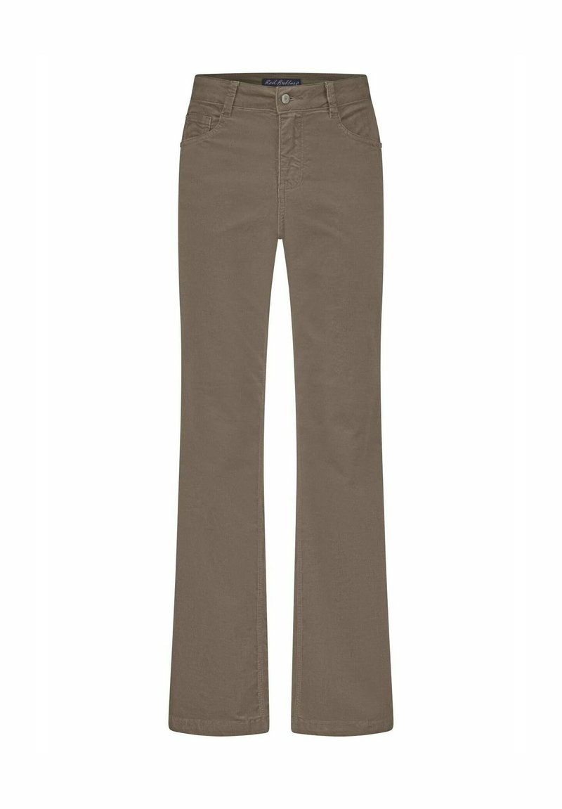 Bruine flared broeken gemaakt van een zachte katoenmix, met een knoop- en ritssluiting, ri loops en vier zakken.