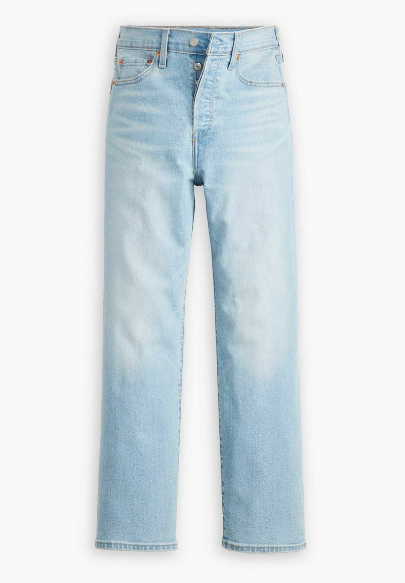 Vaqueros de color azul claro con diseño de pierna recta, fabricados en denim, que presentan un ligero desvanecimiento, cinco bolsillos y cierre de cremallera con botón metálico.