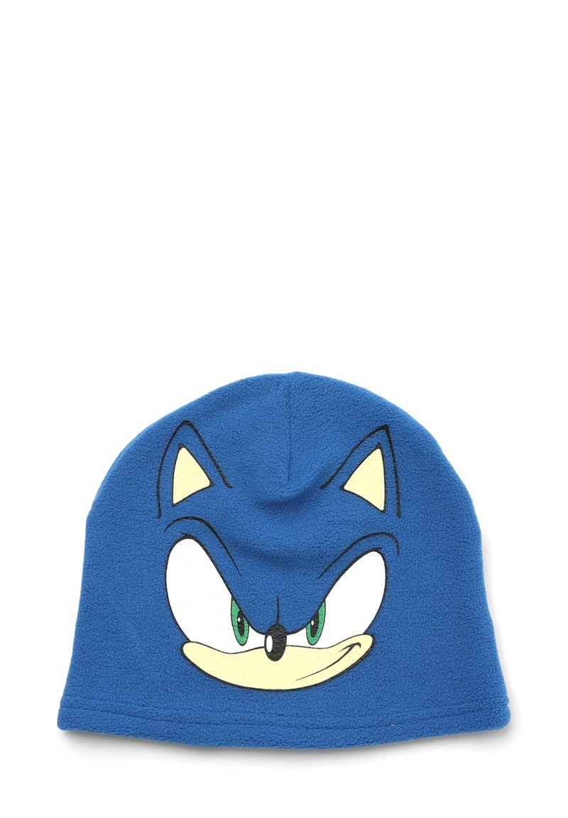 Niebieska dziana czapka z daszkiem z wizerunkiem postaci z kreskówki z zielonymi oczami, żółtymi akcentami oraz wyraźnymi cechami, takimi jak spiczaste uszy i uśmieszek.
